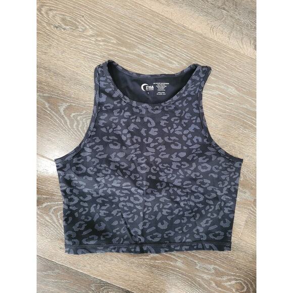 Zyia Active‎ Women's Black Animal Print Crop Top Shirt size Large #9 - Picture 1 of 3